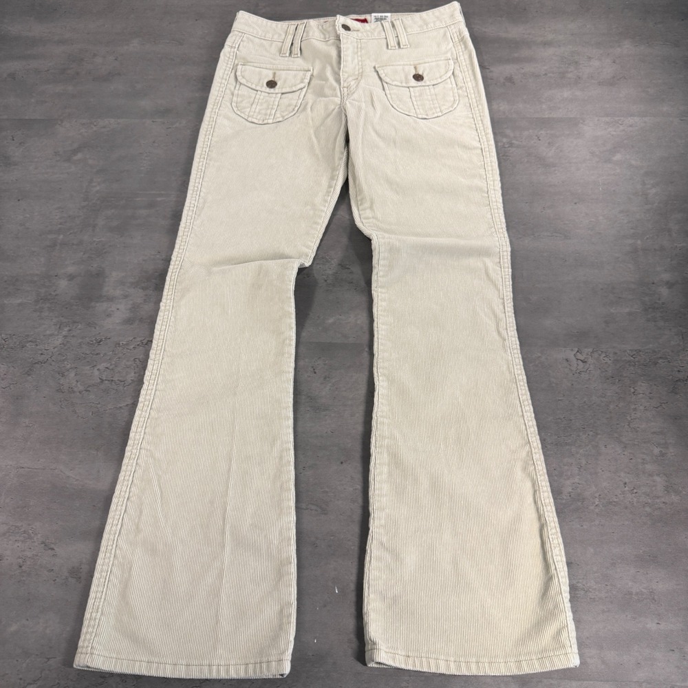 Vintage Levis Corduroy Jean Pants Womens 7 Off White Beige Flare Flap Pocket Y2K